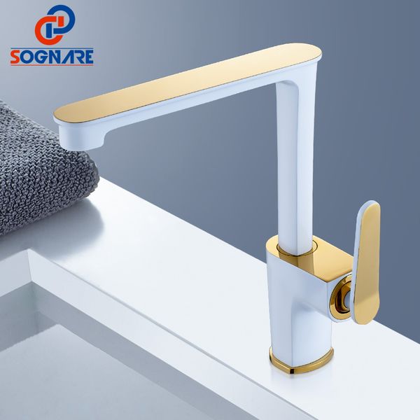 

sognare solid brass kitchen mixer cold and kitchen tap 360 degree rotate single lever mixer tap white & golden water faucet