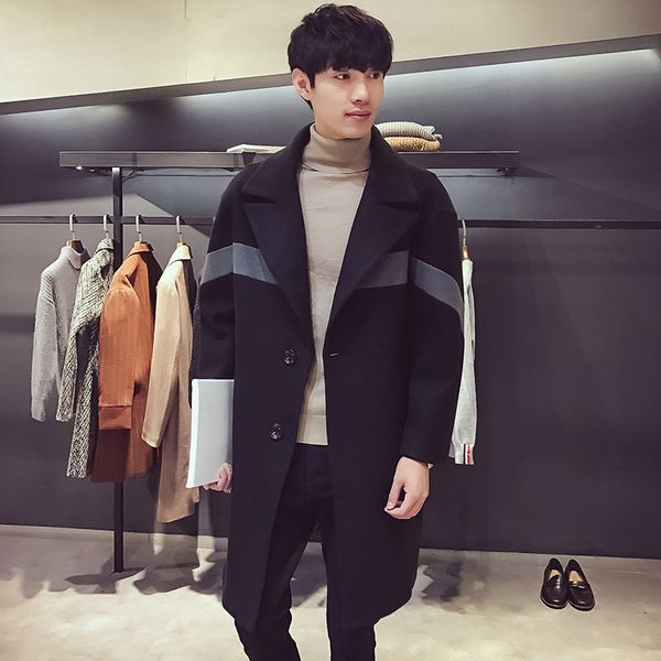 

turn down collar pockets mens coats 2018 winter long sleeve patchwork wool blend coat and jacket slim male coats, Black