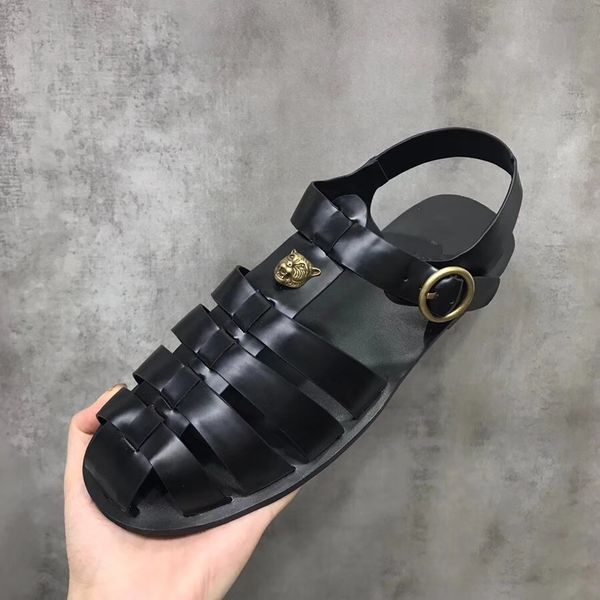 

Brand men cow leather adjustable buckle sandals Summer Beach Rivets slippers fashion casual Tiger flat platform Horsebit Moccasins,38-45