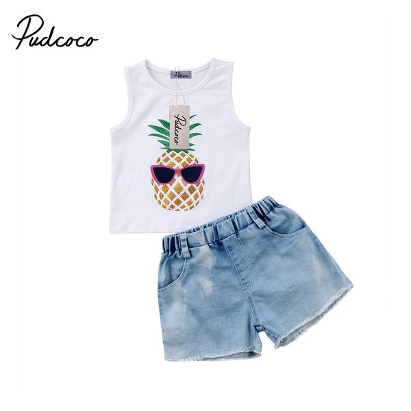 

2018 brand new toddler infant child kid baby girls pineapple print vest denim pants shorts 2pcs outfits clothes set 1-6t, White