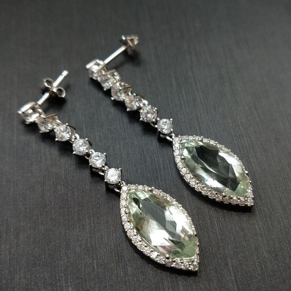 

flzb , 100% natural green amethyst gemstone earring mq 8*16mm in 925 sterling silver with 18k white gold plated charming earring, Golden;silver