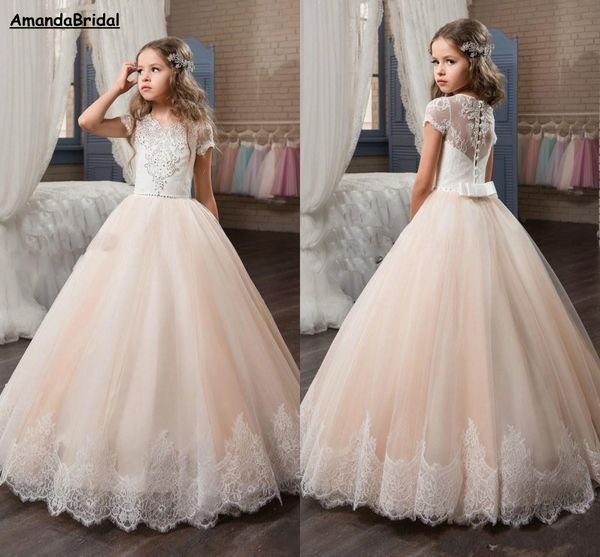 

amandabridal custom princess short sleeve holy lace white bodice communion dress little girls beaded tulle party dress kids wedding flower, White;blue