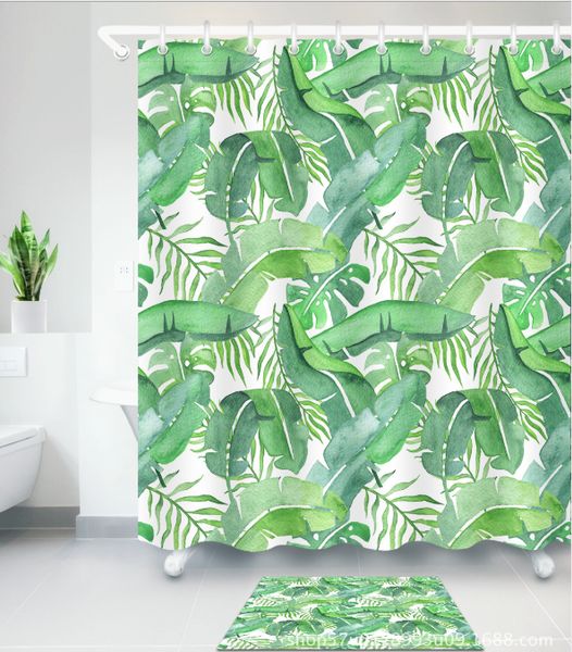 

green banana leaves shower curtain waterproof polyester fabric bathroom decor multi-size printed shower curtain with hooks floor mats sets