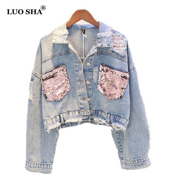 

luosha women autumn pink sequins pocket ripped denim jackets female hole casual jeans jacket women autum outwear 2018, Black;brown