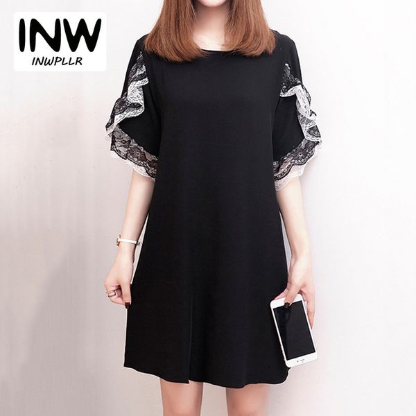 

casual summer dresses plus size -4xl dress for women 2018 fashion lace short sleeve vestidos mujer chiffon dress robe femme ete, White;black