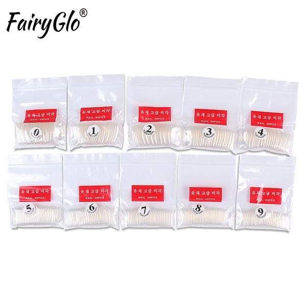 

fairyglo 9 size 500pcs natural colour half cover fales nail art tips beauty round short fales nail display stick uv led gel, Red;gold