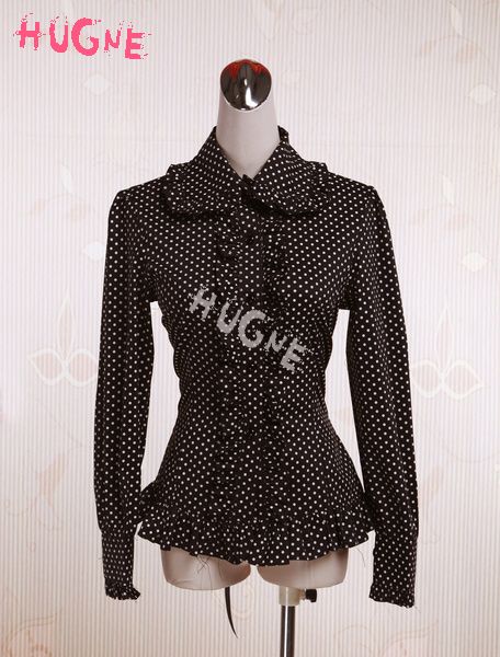 

cotton black lolita blouse with white dots long sleeves ruffles, Black;red