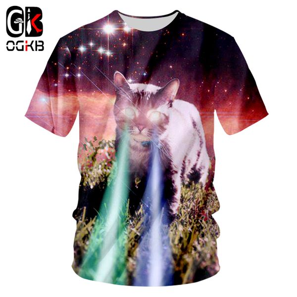 

ogkb men's o neck tee shirts cool print galaxy space cat flash light 3d t-shirt male short sleeve fit slim casual t shirts homme, White;black