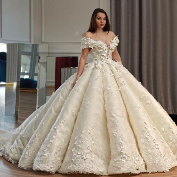 

saudi dubai princess wedding dress off shoulder beads 3d floral appliques lace ball gown wedding dresses luxury wedding dress bridal gown, White