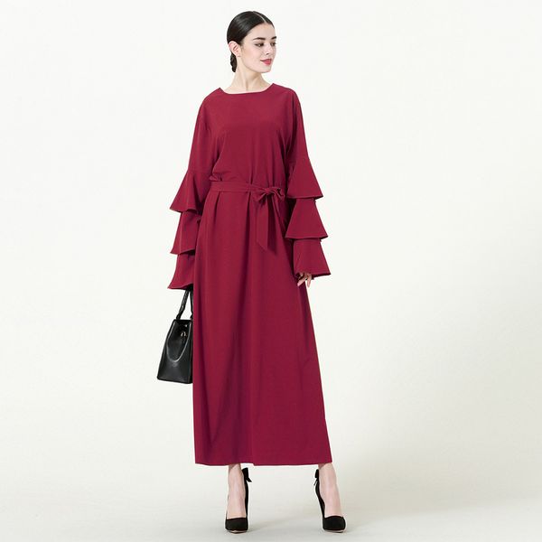

new muslim women flare sleeve kaftan dress plus size islamic women solid color long robe for sale, Red