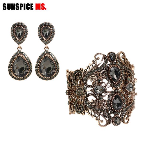 

sunspice-ms vintage jewelry set women drop clip earring flower spring bangle cuff antique gold color indian ethnic bridal bijoux, Silver