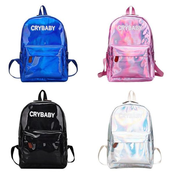 

2018 new fashion street preppy men/women backpack hologram laser boy girl shoulder schoolbag campus pu leather travel 055