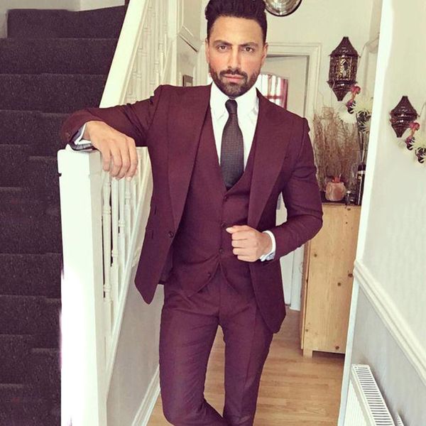 

custom burgundy groom tuxedos wedding suits for men 3 pieces slim fit bridegroom men suits blazers jacket wide peaked lapel prom pants vest, Black;gray