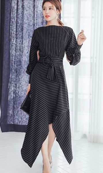 

autumn and winter new temperament pinstripe round neck asymmetric hem long sleeve dress, White;black