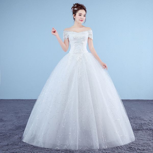 Nuovo abito da sposa ricamato con scollo a barchetta 2018 Organza e tulle con lacci Ball White Princess Abiti da sposa economici Vestido De Noiva