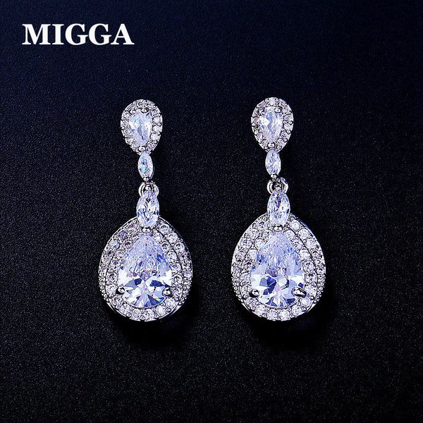 

migga exquisite large water drop cubic zirconia dangle earrings fashion women bride wedding zircon jewelry, Silver