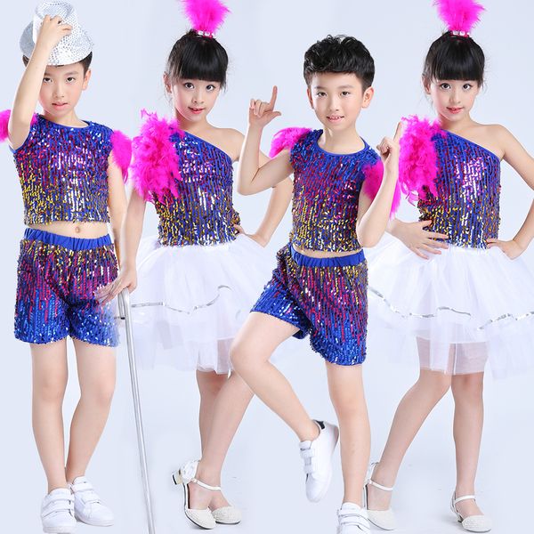 

children girl and boy jazz dance costumes sequined kids hip hop modern dance costumes performance stage clothing sets, Black;red