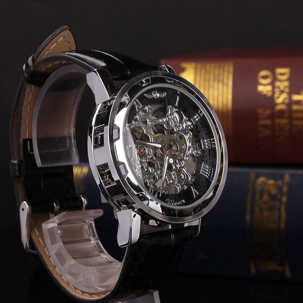 

Men's Skeleton Black Leather Watch Retro Sport Automatic Mechanical Stainless Steel Wrist Watch Montre Homme Shellhard