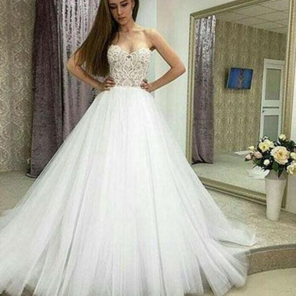 

2019 simple elegant a-line wedding dresses sweetheart sleeveless lace appliques tulle skirt custom made bridal gowns floor length, White
