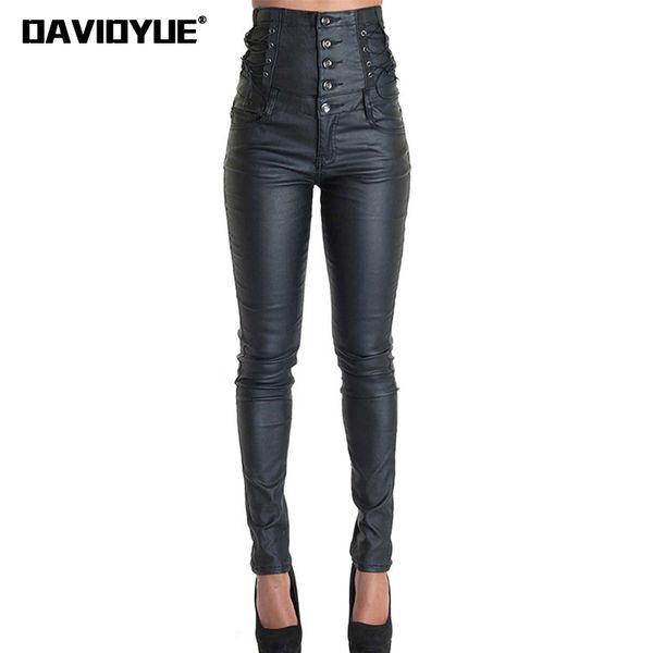

spring winter lace up pu leather pants punk high waist black pants street buton skinny stretch leggings pencil trousers, Black;white