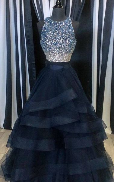 

2018 navy prom dresses two pieces ruffles skirt jewel rhinestone beaded ball gowns quinceanera graduation dresses pageant dress real image, Black