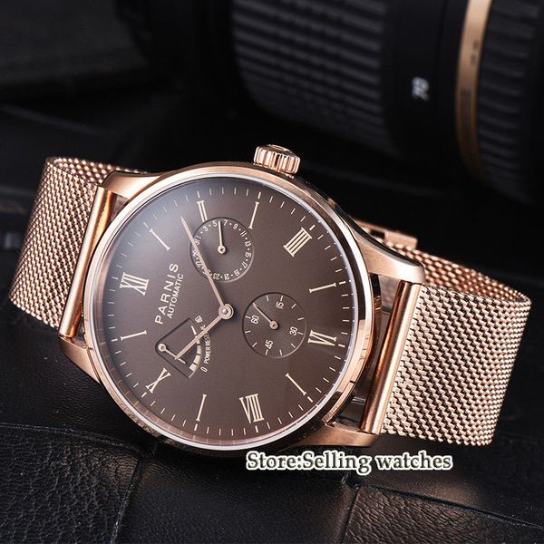 

42mm brown dial power reserve seagull automatic movement mens watch, Slivery;brown