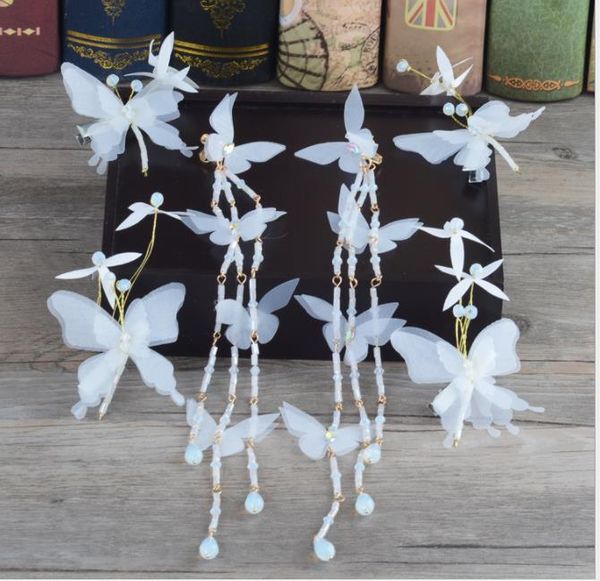 

long flowers, butterfly, gauze, earrings, hairpins, brides, wedding accessories, wedding accessories, Slivery;golden