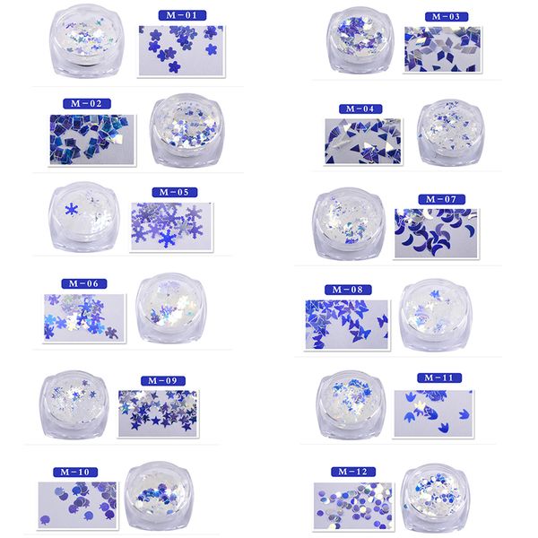 

12 boxs /set 3mm transparent blue nail sequins shining nail glitter shapes tips manicure art decorations, Silver;gold