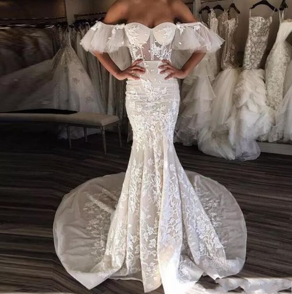 

2019 ivory sweetheart mermaid wedding dresses off shoulder batwing sleeve lace appliques long train wedding bridal gowns vestido de novia, White