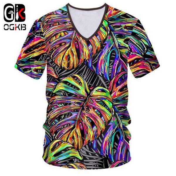 

ogkb mens v neck tshirt cool print colorful leaf 3d t-shirt man hip hop fitness workout casual t shirt quick dry harajuku, White;black