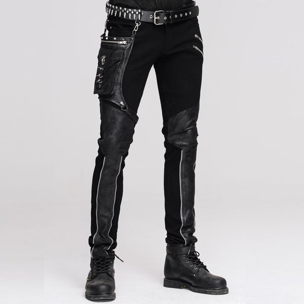 

devil fashion steampunk men's straight pants with hip holster pocket casual spliced pants gothic punk trousers, Black