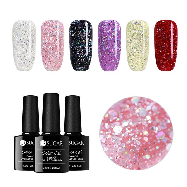 

ur sugar 7.5ml flashing glitter gel polish holographic silver sequins neon diamond soak off uv gel varnish lacquer diy manicure, Red;pink