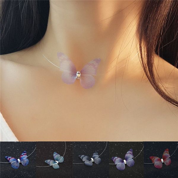

new crystal colorful 3d yarn butterfly chokers necklaces invisible fishline silk choker necklace for women mix colors xr, Golden;silver