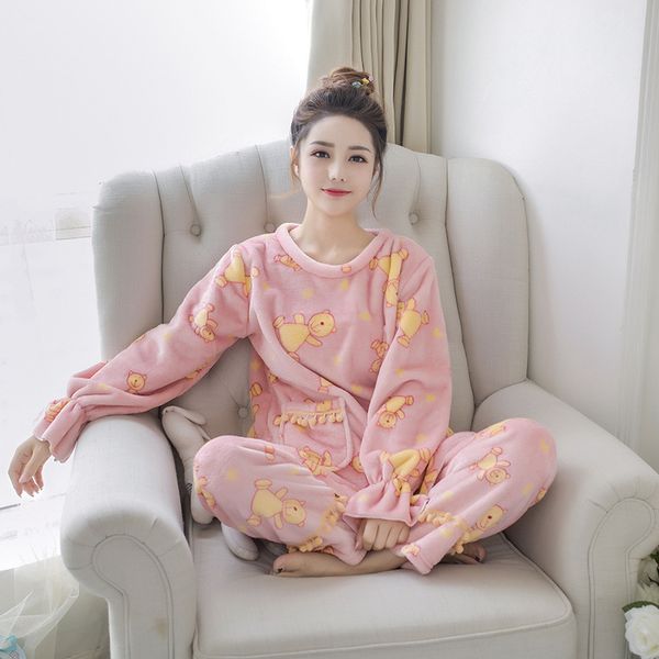 

jinuo new design cartoon wind women winter flannel pajama sets ladies thick round neck bear lovely soft home wear sleepwear, Blue;gray