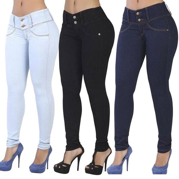 

High Waist Hip Solid Color Skinny Jeans Women Slim Fit Pants Slim Denim Skinny Jeans White Black S-2XL
