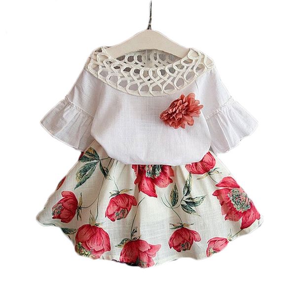 

summer fashion girls clothing sets kids baby wear flower + dresses children simple suits clothes k1, White