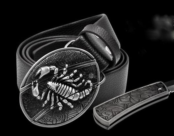 

novelty cowskin leather belt delicate personality belt buckle pattern scorpion lucky cross with defence knifs, Black;green