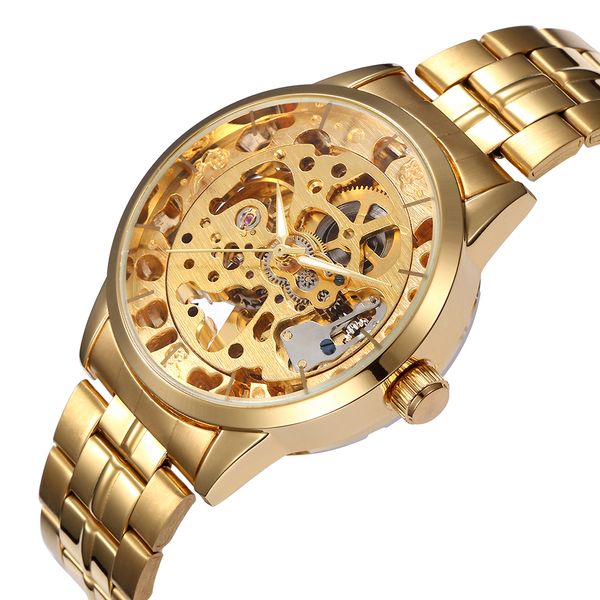 

shenhua luxury men's gold tone steel transparent watch skeleton automatic mechanical steampunk male clock relogio masculino, Slivery;brown