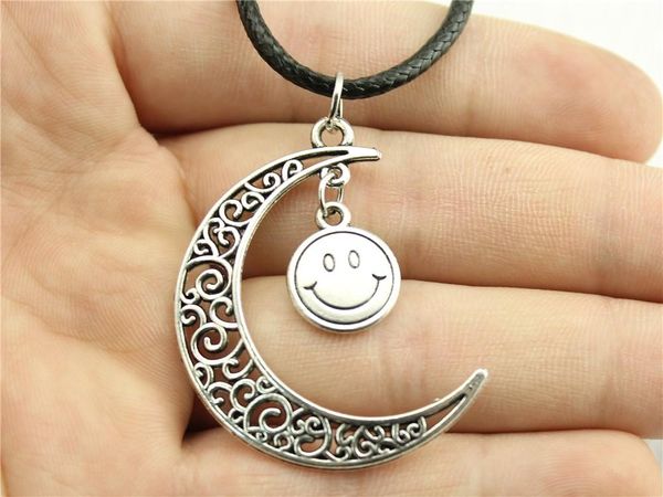 

wysiwyg 5 pieces leather chain necklaces pendants choker collar vintage necklace handmade double sided smile face 12mm n6-b11573-b10181, Golden;silver