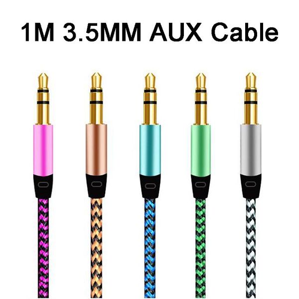 1m Nylon Jack Cabo de áudio 3,5 mm a 3.5mm cabo AUX 3FT masculino para macho plugue carro AUX cabo música para iPhone 7 Samsung Speaker de telefone móvel