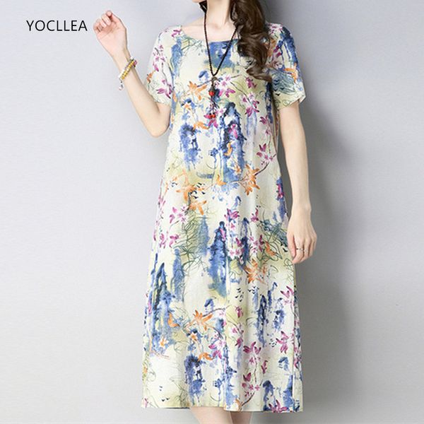 

yocllea summer dress 2018 women cotton linen print dress short sleeve beach casual a-line dresses vestidos fresh gril clothing, White;black