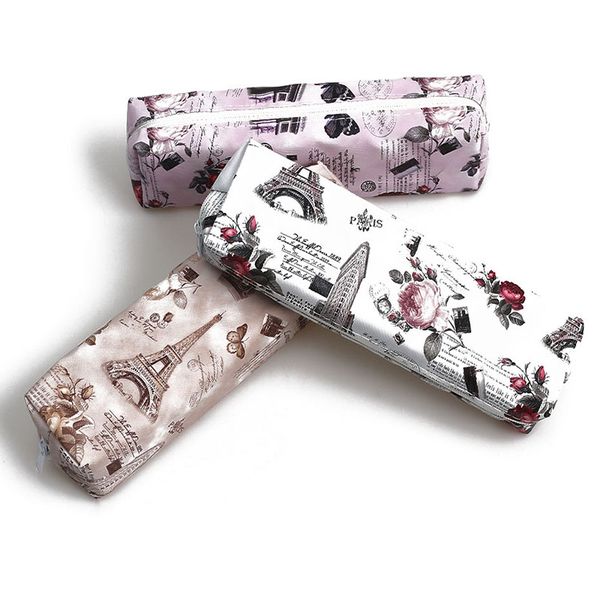 

women fashion cosmetic bag retro rose and eiffel tower printed makeup pouch classic style pen bag organizer random color