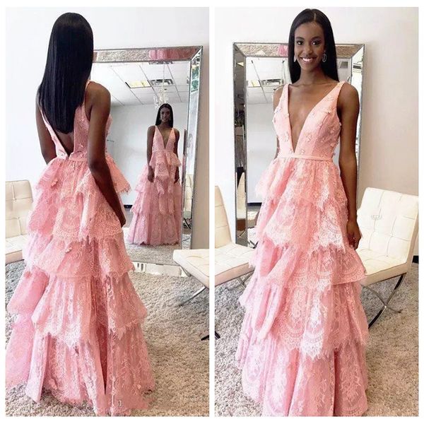 

2019 deep v-neck a-line lace tiered prom dresses v-shape back with 3d flowers adorned floor length special occasion party gowns formal, Black