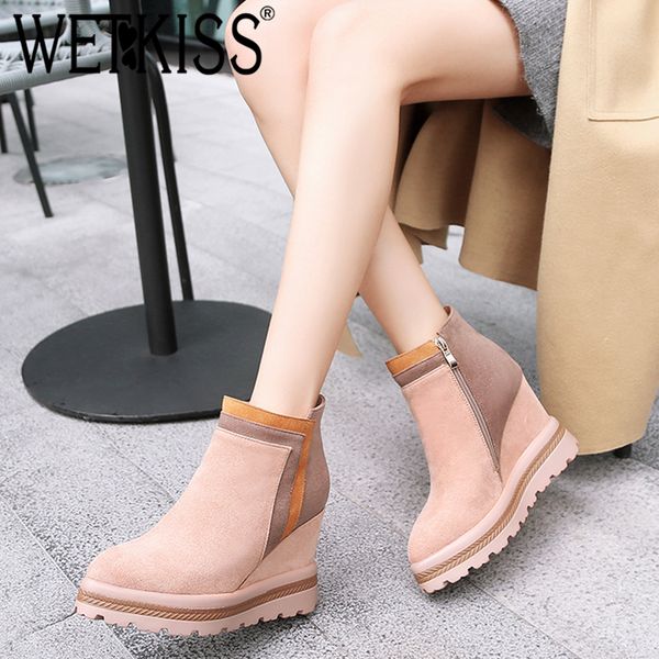 

wetkiss pink flock high heels women ankle boots wedges zip footwear 2018 new winter pointed toe ladies boot platform shoes woman, Black