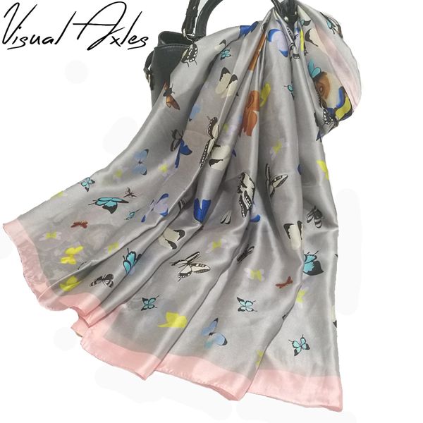

visual axles] 2017 brand silk scarfs fashion print colorful butterfly pure silk scarf women wraps and shawls new 180*90cm, Blue;gray