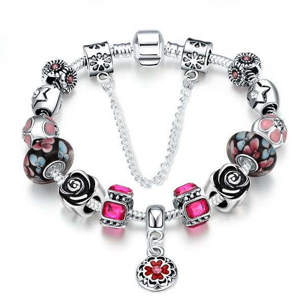 

silver 925 murano flower pearl charms fit original pando bracelet diy colorful pattern diy personality ladies red bracelet gifts, Golden;silver