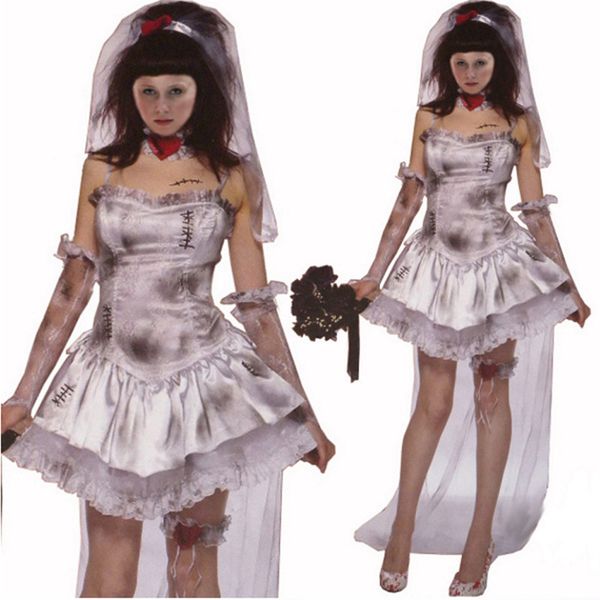 

high-quality zombie bride dress halloween scary ghost bride costume horror corpse cosplay dress day of the dead clothing, Black;red