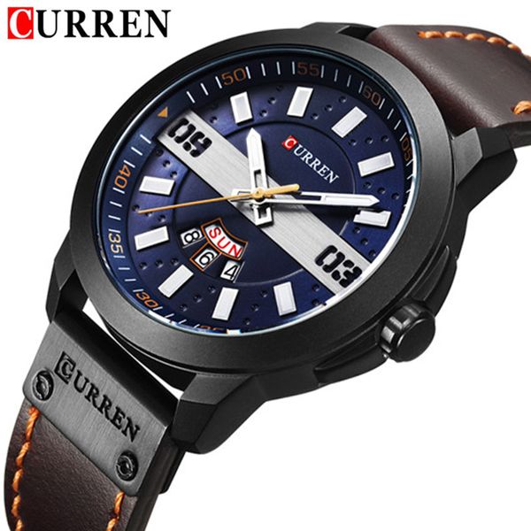 

curren mens watches waterproof date week leather band sport business male clock relogio masculino 8286, Slivery;brown
