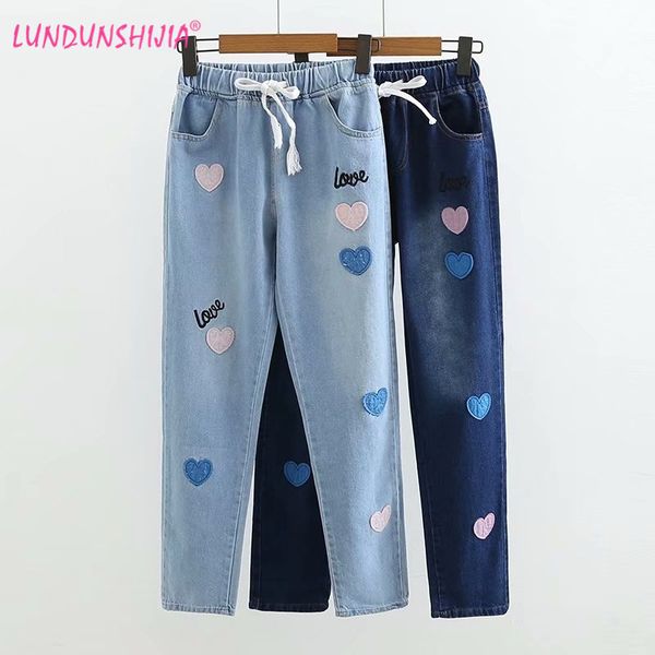 

lundunshijia 2018 autumn love heart patchwork pants for women casual trousers blue mid waist drawstring denim jeans