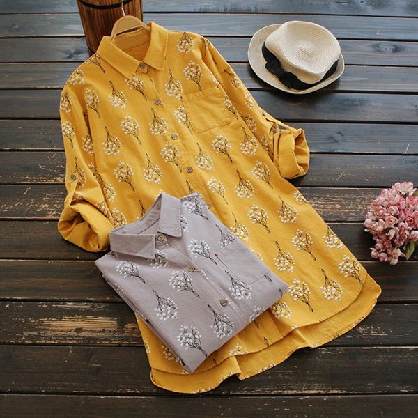 

floral print vintage turn-down collar long sleeve shirt blouse 2018 spring mori girl, White